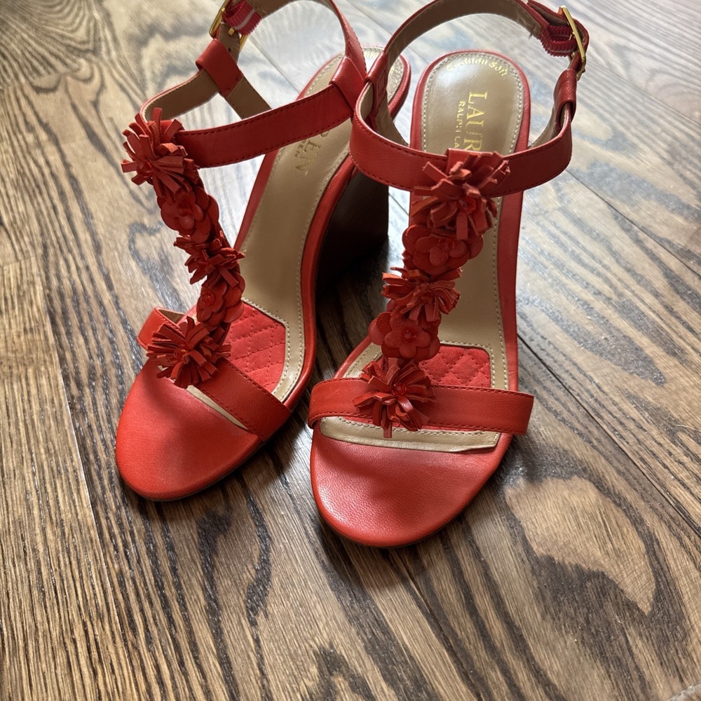 Lauren Ralph Lauren Women's Wedge Sandals Leather Orange Flower Abia 6.5 US